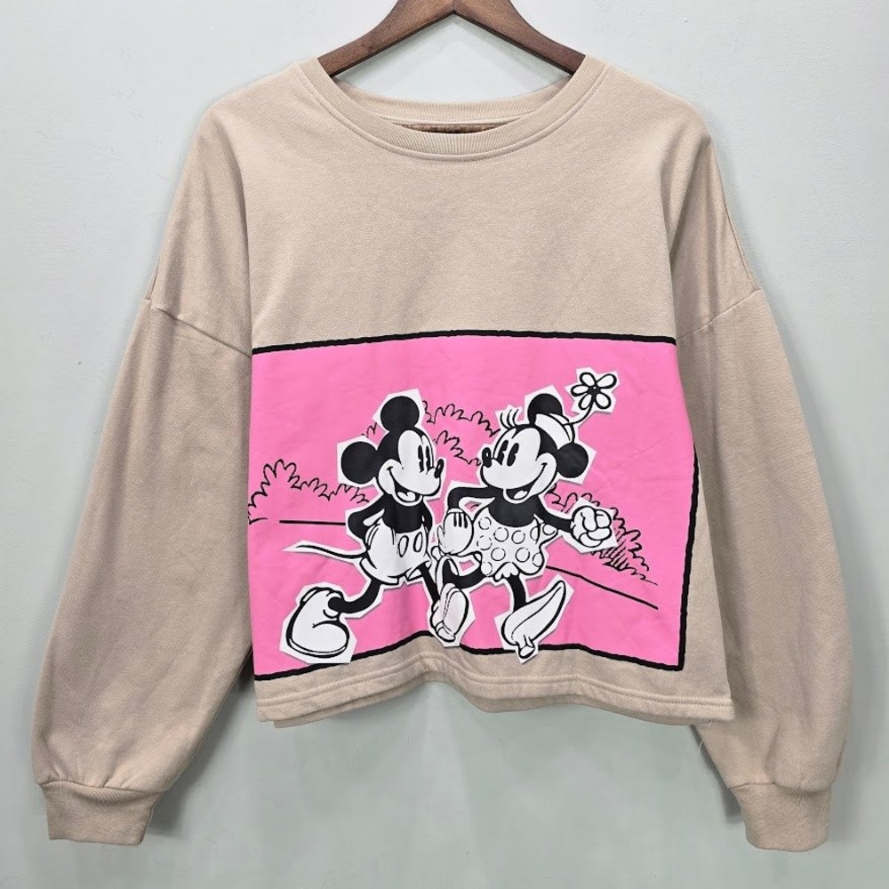 Disney Mickey Minnie Mouse Graphic Sweatshirt Beige Pink Women's Long Sleeve Top